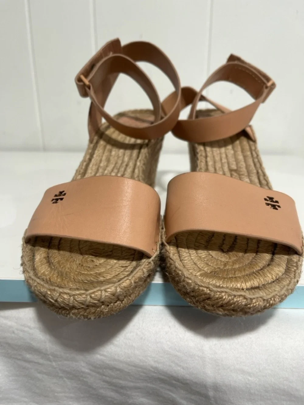 Tory Burch Tan Leather Espadrille Wedge Sandals Ankle Strap 8 Summer Resort Chic